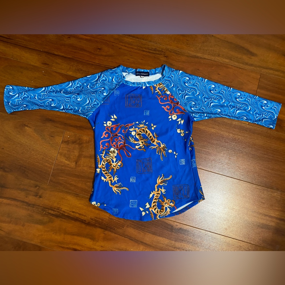Vintage Blue Dragon Print Long Sleeve Top
